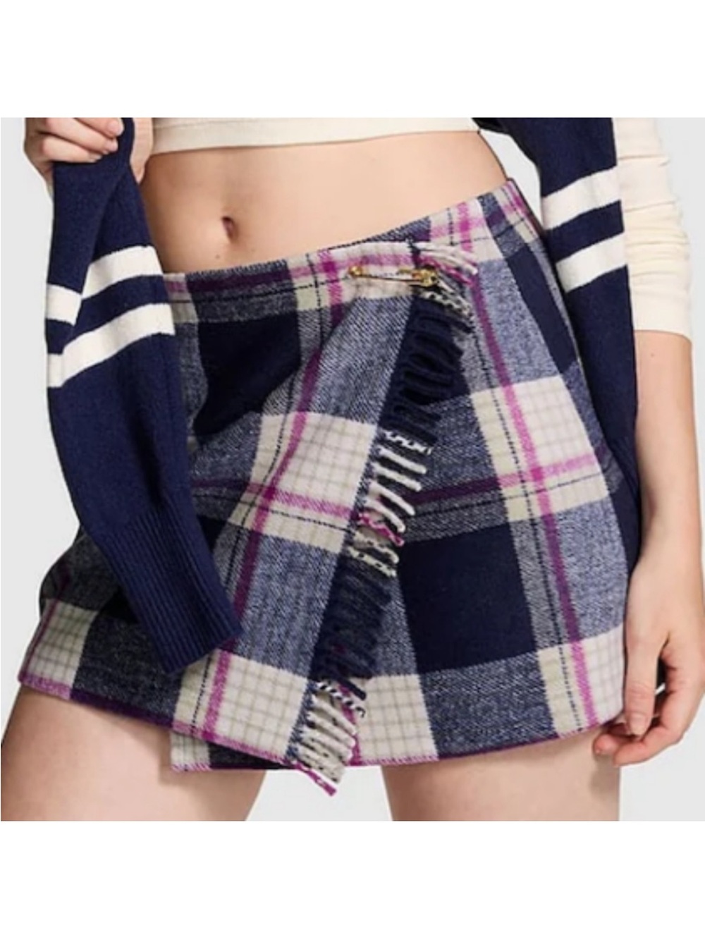 PINK Victorias Secret Midnight Navy Blue Tartan Fringe Mini Skirt Size M
